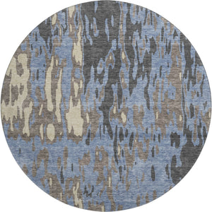 HomeRoots 8' Stylish Denim Blue Gray Beige Washable Round Rug with UV Protection for Homes with Kids & Pets 675837