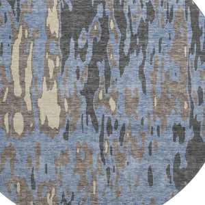 HomeRoots 8' Stylish Denim Blue Gray Beige Washable Round Rug with UV Protection for Homes with Kids & Pets 675837