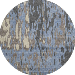 HomeRoots 8' Stylish Denim Blue Gray Beige Washable Round Rug with UV Protection for Homes with Kids & Pets 675837