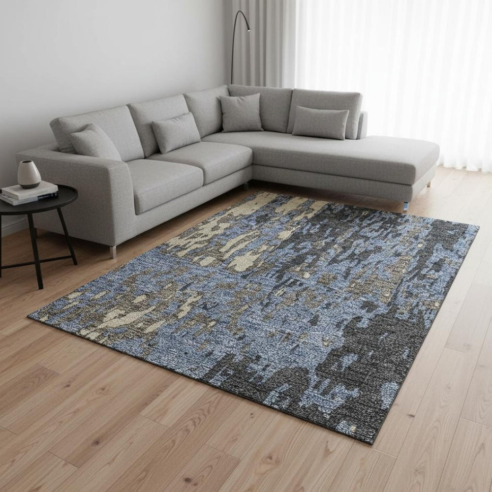 HomeRoots 9' X 12' Transitional Denim Blue, Gray & Beige Abstract Washable Area Rug with UV Protection & Durability 675839