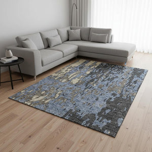 HomeRoots 9' X 12' Transitional Denim Blue, Gray & Beige Abstract Washable Area Rug with UV Protection & Durability 675839
