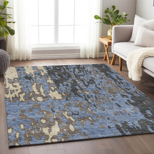 HomeRoots 9' X 12' Transitional Denim Blue, Gray & Beige Abstract Washable Area Rug with UV Protection & Durability 675839
