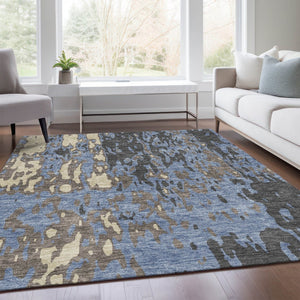 HomeRoots 9' X 12' Transitional Denim Blue, Gray & Beige Abstract Washable Area Rug with UV Protection & Durability 675839