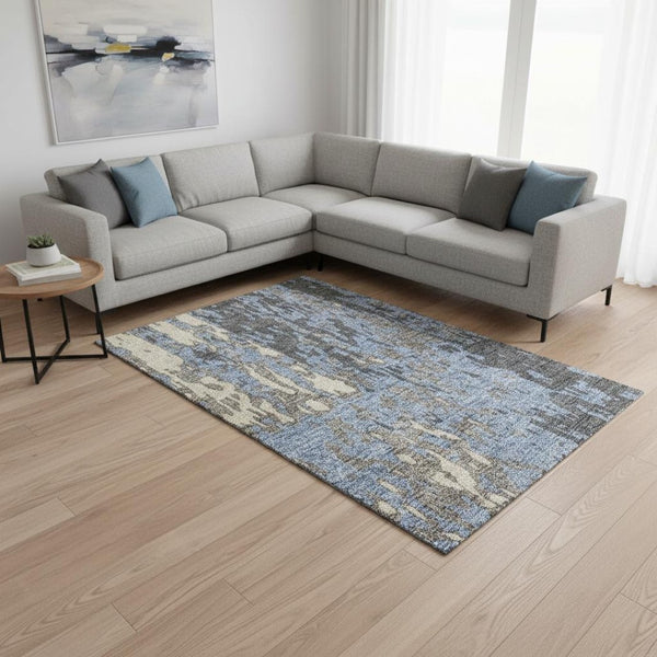HomeRoots 10' X 14' Stylish Denim Blue & Beige Abstract Washable Area Rug with UV Protection for Easy Care 675840