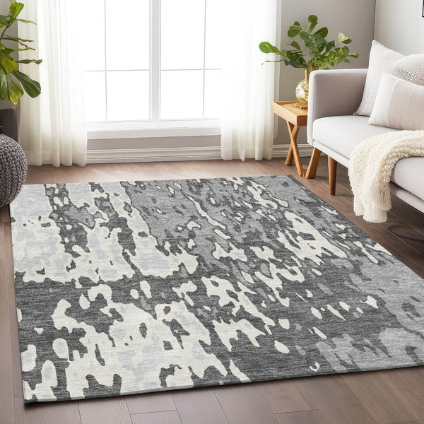 HomeRoots 5' X 8' Abstract Gray Ivory Silver Area Rug - Washable, UV Protected, Stylish for High-Traffic Areas 675842