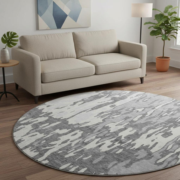 HomeRoots 8' Gray Ivory and Silver Abstract Round Washable Rug - Stain Resistant, UV Protected, Durable Design 675843