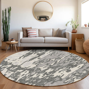 HomeRoots 8' Gray Ivory and Silver Abstract Round Washable Rug - Stain Resistant, UV Protected, Durable Design 675843