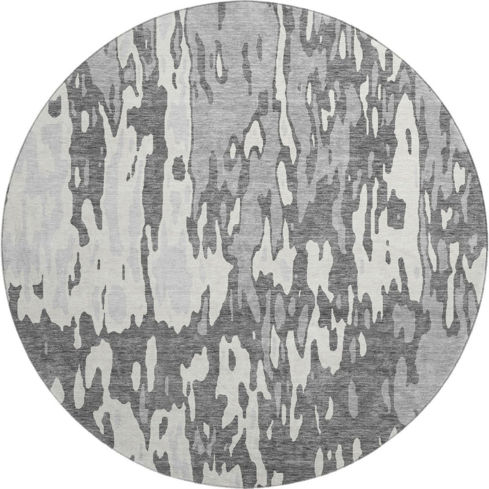 HomeRoots 8' Gray Ivory and Silver Abstract Round Washable Rug - Stain Resistant, UV Protected, Durable Design 675843