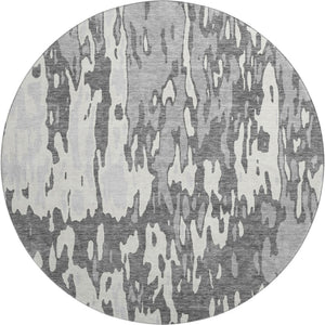 HomeRoots 8' Gray Ivory and Silver Abstract Round Washable Rug - Stain Resistant, UV Protected, Durable Design 675843