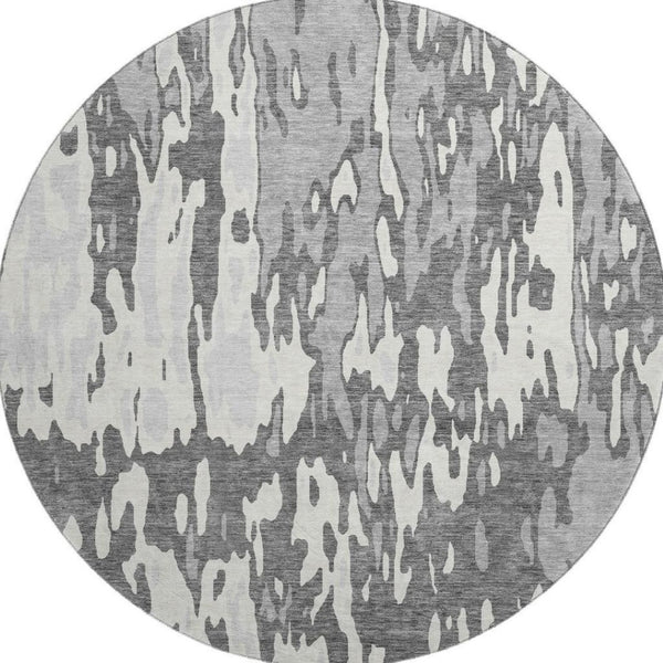 HomeRoots 8' Gray Ivory and Silver Abstract Round Washable Rug - Stain Resistant, UV Protected, Durable Design 675843