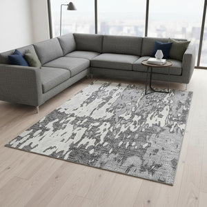 HomeRoots 8' X 10' Gray Ivory Silver Abstract Washable Area Rug - Durable, UV-Resistant, Ideal for Homes 675844
