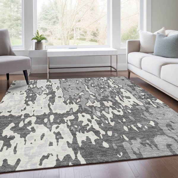 HomeRoots 8' X 10' Gray Ivory Silver Abstract Washable Area Rug - Durable, UV-Resistant, Ideal for Homes 675844
