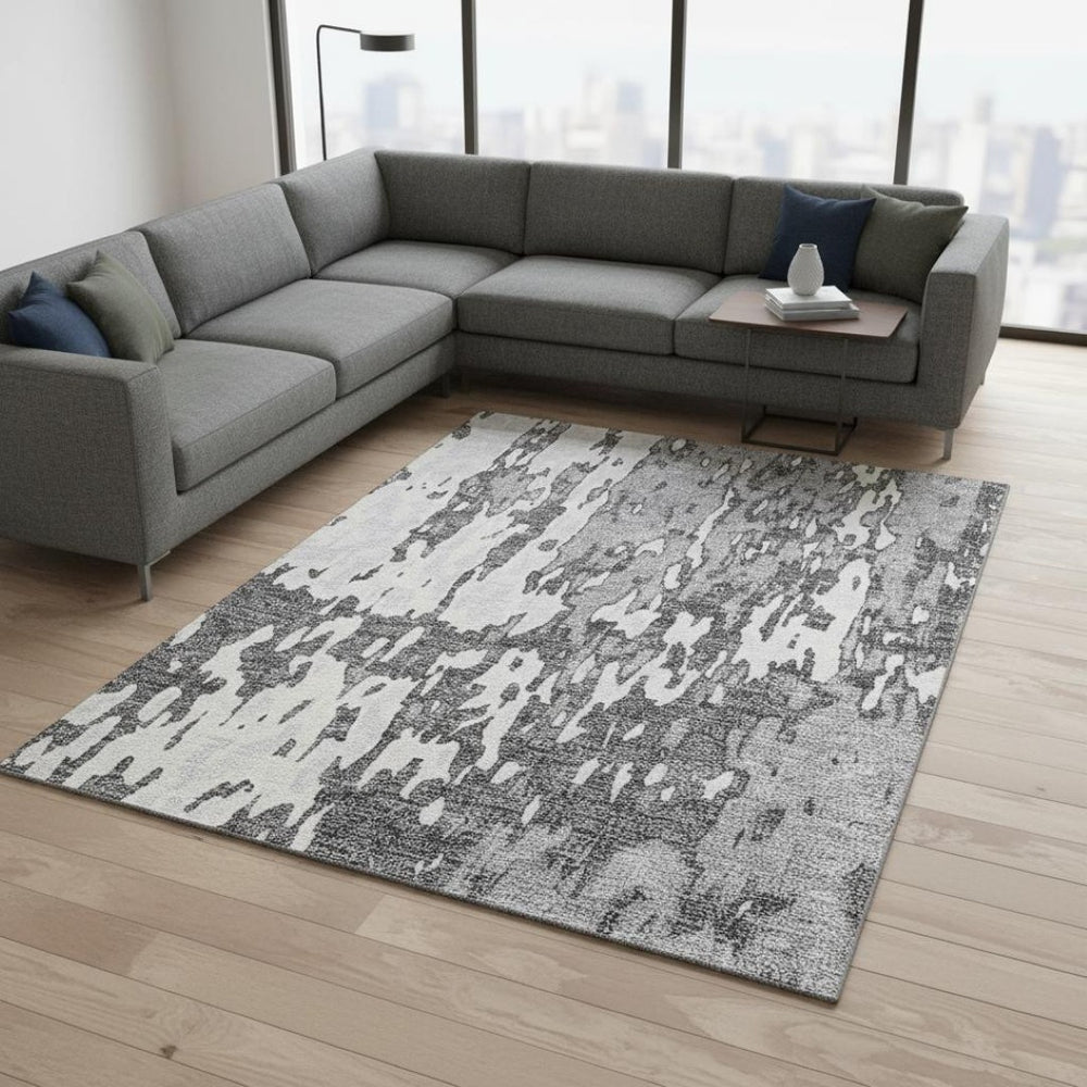 HomeRoots 9' X 12' Gray Ivory Silver Abstract Washable Area Rug with UV Protection for Modern Spaces 675845