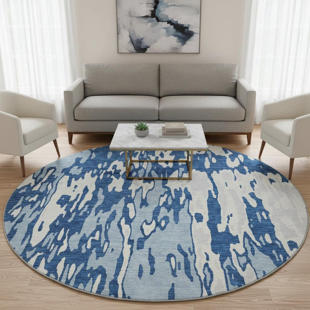 HomeRoots 8' Navy Blue and Ivory Abstract Round Rug – Washable, UV Protected, Stylish, and Durable for Homes 675849