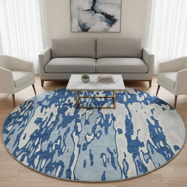 HomeRoots 8' Navy Blue and Ivory Abstract Round Rug – Washable, UV Protected, Stylish, and Durable for Homes 675849