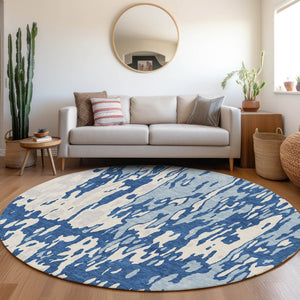 HomeRoots 8' Navy Blue and Ivory Abstract Round Rug – Washable, UV Protected, Stylish, and Durable for Homes 675849