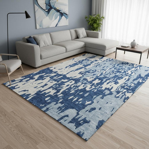 HomeRoots 9' X 12' Elegant Navy Blue and Ivory Abstract Washable Area Rug with UV Protection & Durability 675851