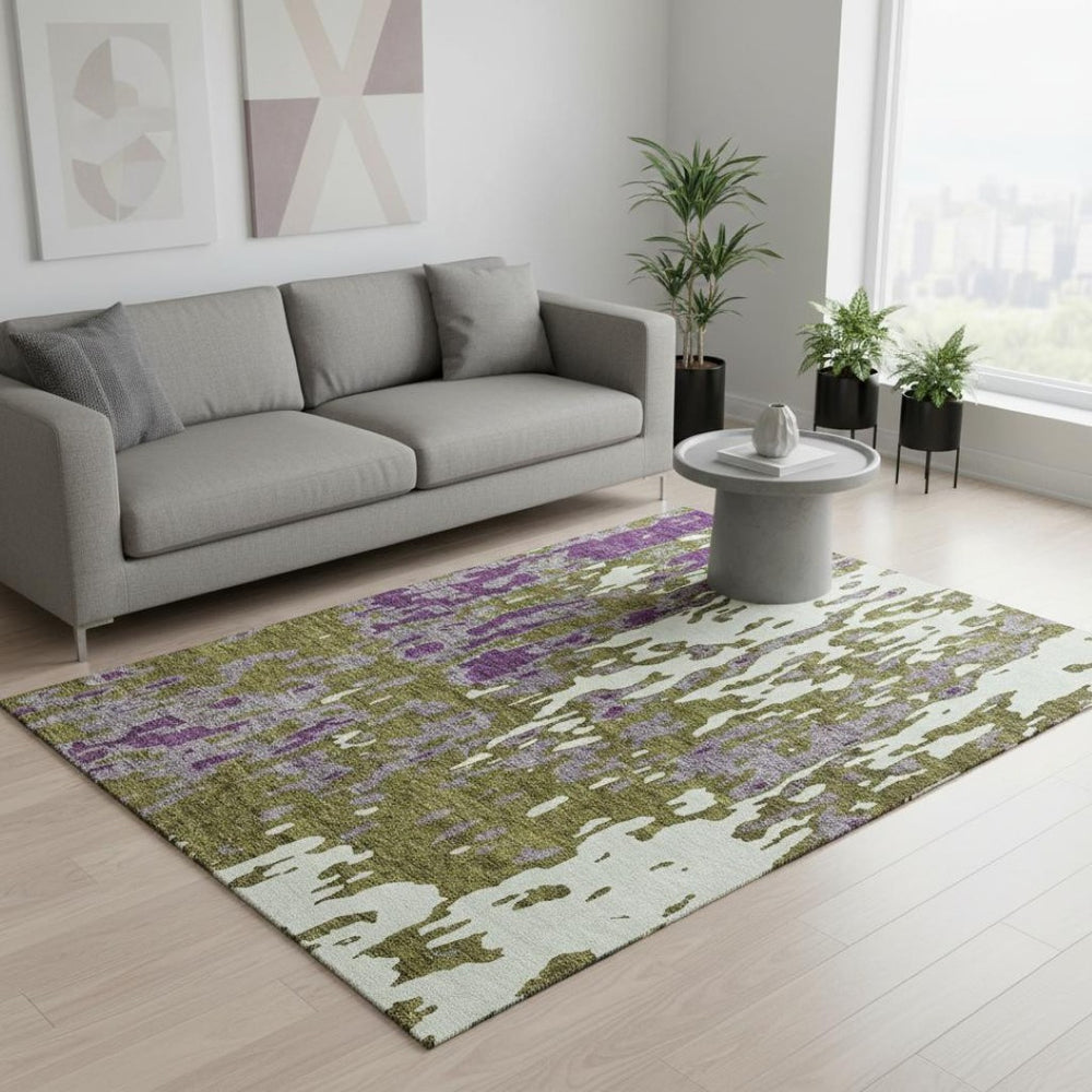 HomeRoots 5' X 8' Modern Olive Green & Purple Abstract Area Rug - Washable, UV Protected, Stain Resistant Design 675854
