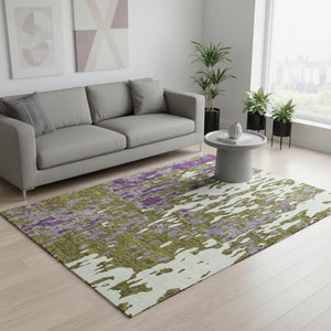 HomeRoots 5' X 8' Modern Olive Green & Purple Abstract Area Rug - Washable, UV Protected, Stain Resistant Design 675854