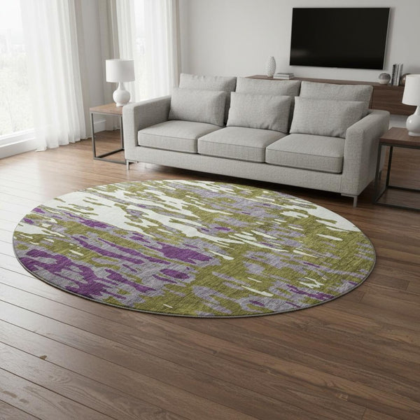 HomeRoots 8' Olive Green, Purple & Ivory Abstract Washable Round Rug - UV Protected, Stain Resistant & Stylish 675855