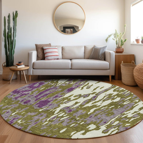 HomeRoots 8' Olive Green, Purple & Ivory Abstract Washable Round Rug - UV Protected, Stain Resistant & Stylish 675855