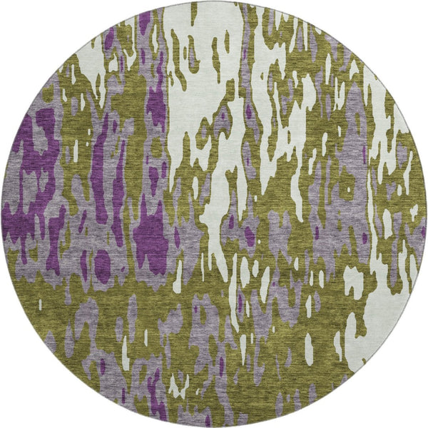 HomeRoots 8' Olive Green, Purple & Ivory Abstract Washable Round Rug - UV Protected, Stain Resistant & Stylish 675855