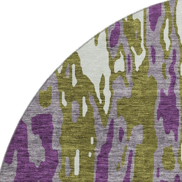 HomeRoots 8' Olive Green, Purple & Ivory Abstract Washable Round Rug - UV Protected, Stain Resistant & Stylish 675855