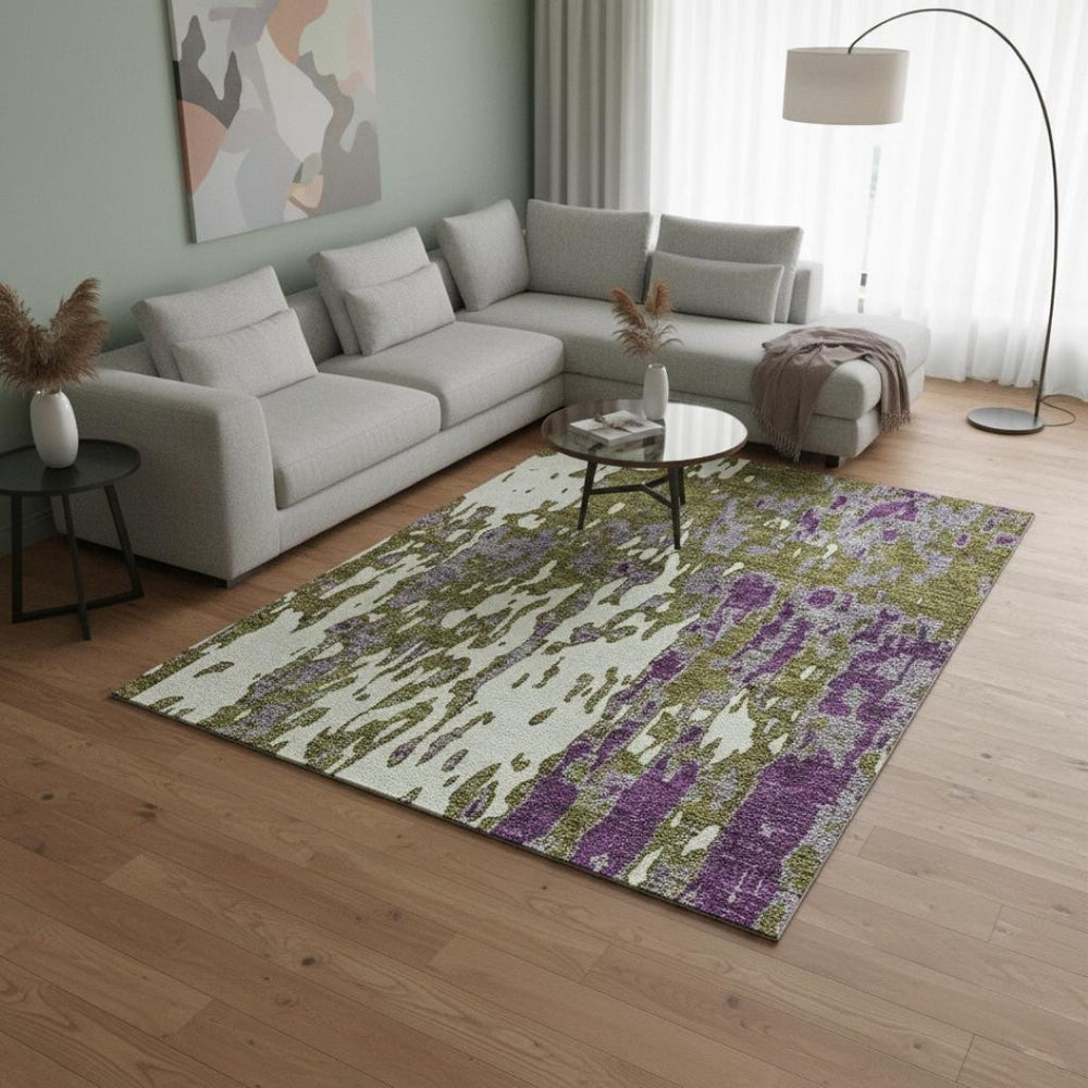 HomeRoots 8' X 10' Stylish Abstract Area Rug in Olive Green, Purple, Ivory – Washable, UV Protected & Stain Resistant 675856