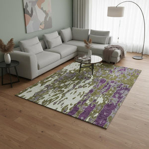 HomeRoots 8' X 10' Stylish Abstract Area Rug in Olive Green, Purple, Ivory – Washable, UV Protected & Stain Resistant 675856