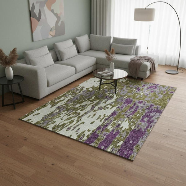 HomeRoots 8' X 10' Stylish Abstract Area Rug in Olive Green, Purple, Ivory – Washable, UV Protected & Stain Resistant 675856