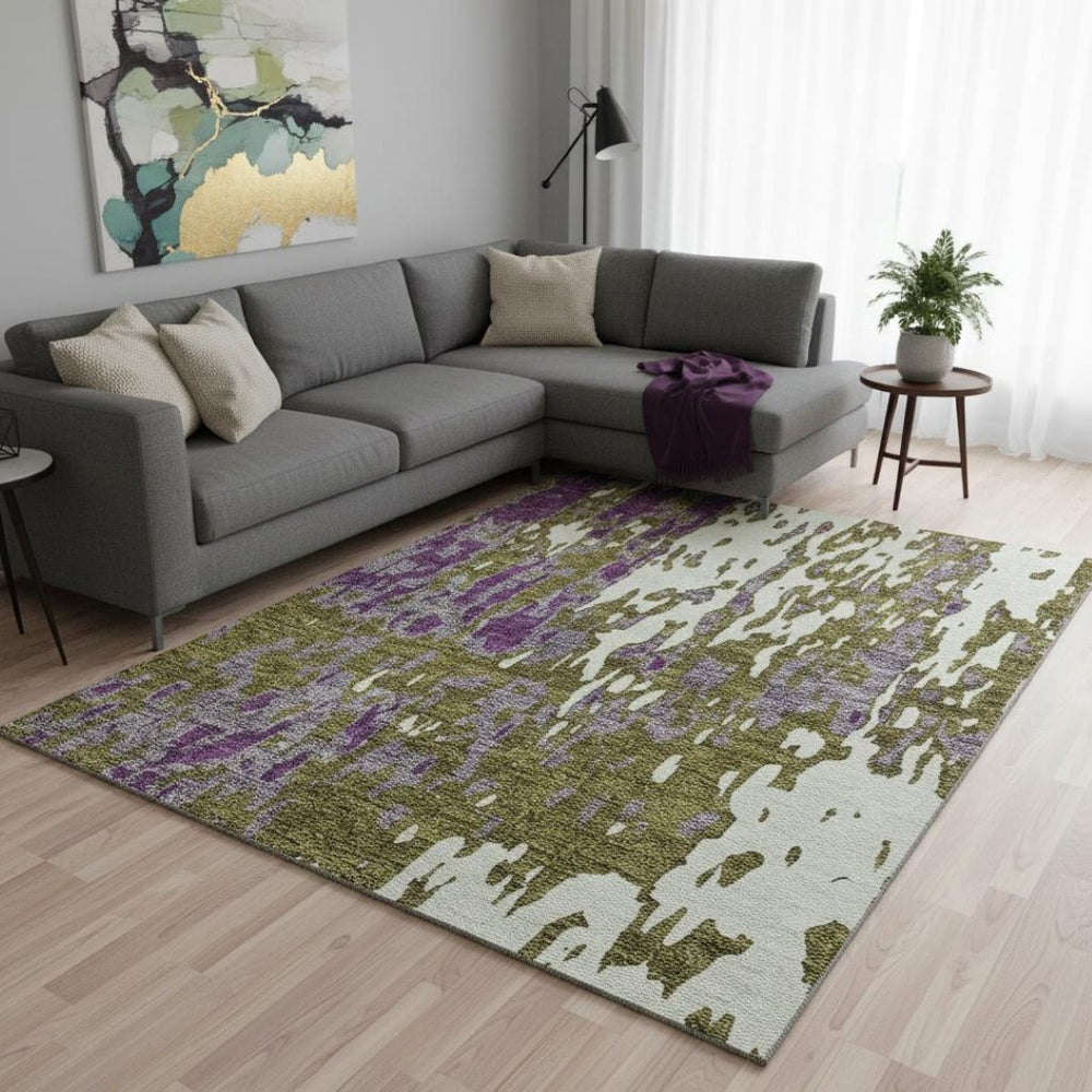 HomeRoots 9' X 12' Olive Green Purple Ivory Abstract Area Rug - Washable, UV Protected & Stain Resistant Design 675857
