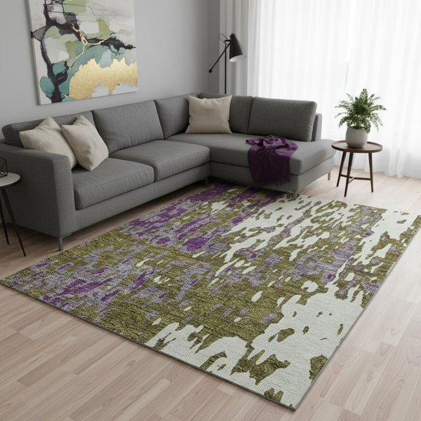 HomeRoots 9' X 12' Olive Green Purple Ivory Abstract Area Rug - Washable, UV Protected & Stain Resistant Design 675857