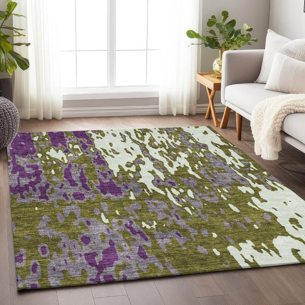 HomeRoots 9' X 12' Olive Green Purple Ivory Abstract Area Rug - Washable, UV Protected & Stain Resistant Design 675857