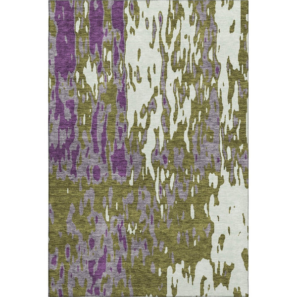 HomeRoots 9' X 12' Olive Green Purple Ivory Abstract Area Rug - Washable, UV Protected & Stain Resistant Design 675857