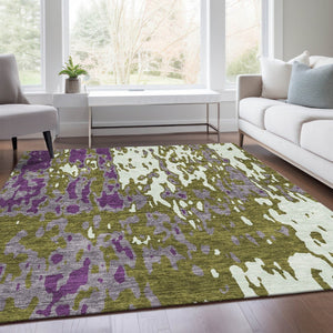 HomeRoots 9' X 12' Olive Green Purple Ivory Abstract Area Rug - Washable, UV Protected & Stain Resistant Design 675857
