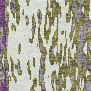 HomeRoots 9' X 12' Olive Green Purple Ivory Abstract Area Rug - Washable, UV Protected & Stain Resistant Design 675857