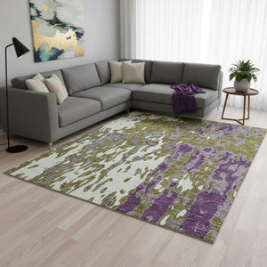 HomeRoots 10' X 14' Washable Area Rug - Olive Green, Purple & Ivory Abstract Design with UV Protection & Durability 675858