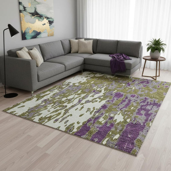 HomeRoots 10' X 14' Washable Area Rug - Olive Green, Purple & Ivory Abstract Design with UV Protection & Durability 675858