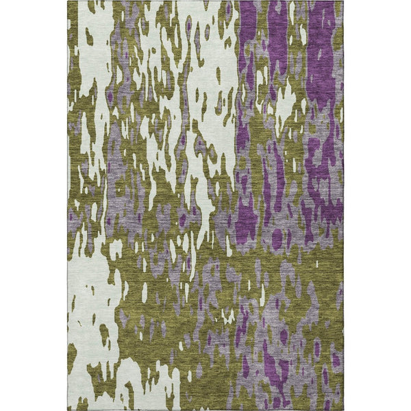 HomeRoots 10' X 14' Washable Area Rug - Olive Green, Purple & Ivory Abstract Design with UV Protection & Durability 675858