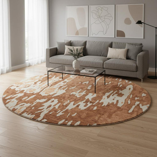 HomeRoots 8' Washable Round Rug in Rust, Beige & Peach - UV Protected, Stylish & Durable for Modern Spaces 675861
