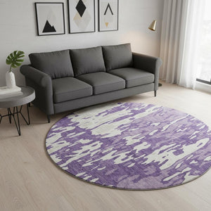 HomeRoots 8' Purple and Ivory Abstract Round Rug - Washable, Stain Resistant, UV Protected for Everyday Use 675867