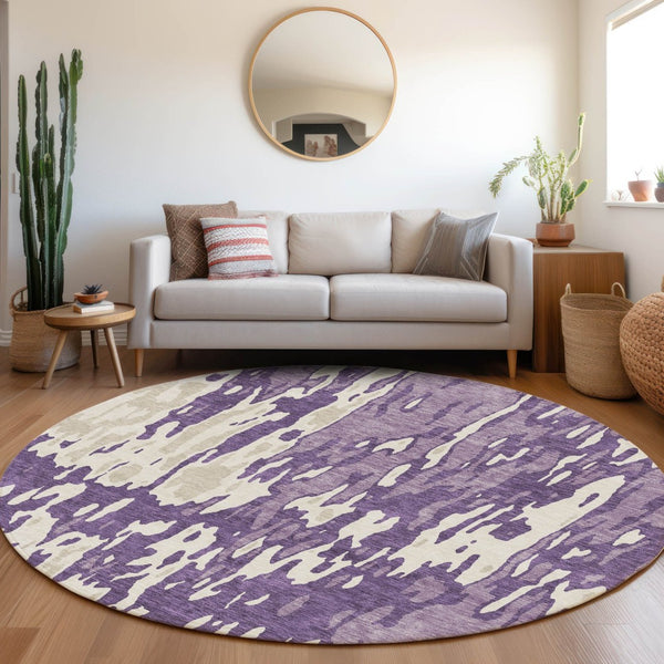 HomeRoots 8' Purple and Ivory Abstract Round Rug - Washable, Stain Resistant, UV Protected for Everyday Use 675867