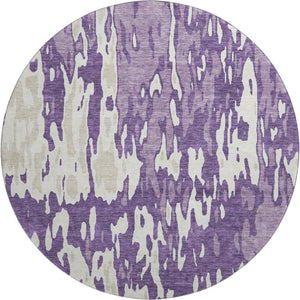 HomeRoots 8' Purple and Ivory Abstract Round Rug - Washable, Stain Resistant, UV Protected for Everyday Use 675867
