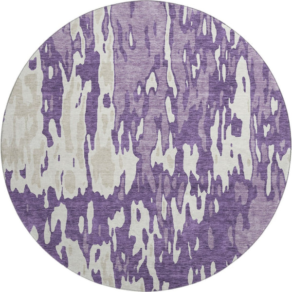 HomeRoots 8' Purple and Ivory Abstract Round Rug - Washable, Stain Resistant, UV Protected for Everyday Use 675867