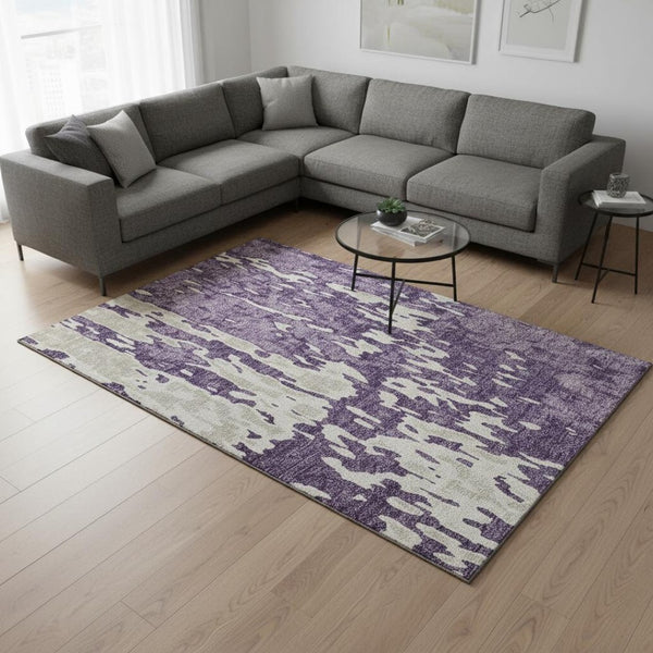 HomeRoots 8' X 10' Abstract Purple & Ivory Area Rug – Washable, UV-Protected, Perfect for High-Traffic Homes! 675868