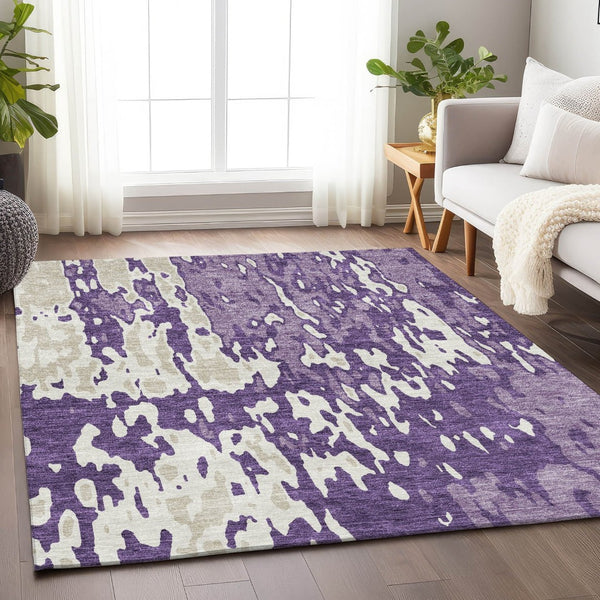 HomeRoots 8' X 10' Abstract Purple & Ivory Area Rug – Washable, UV-Protected, Perfect for High-Traffic Homes! 675868