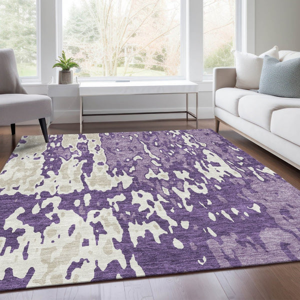 HomeRoots 8' X 10' Abstract Purple & Ivory Area Rug – Washable, UV-Protected, Perfect for High-Traffic Homes! 675868