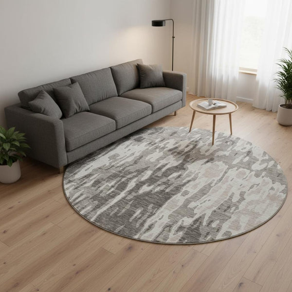 HomeRoots 8' Stylish Taupe Beige & Ivory Abstract Washable Round Rug with UV Protection for Modern Homes 675873