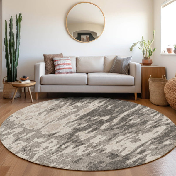 HomeRoots 8' Stylish Taupe Beige & Ivory Abstract Washable Round Rug with UV Protection for Modern Homes 675873