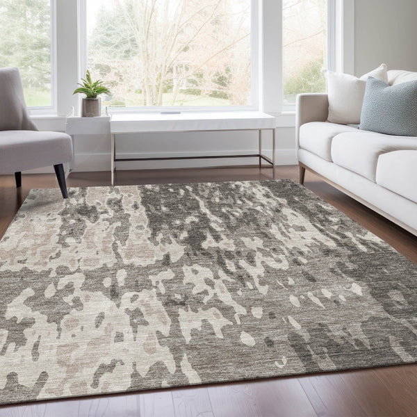 HomeRoots 9' X 12' Taupe Beige & Ivory Abstract Washable Area Rug - Stain-Resistant & UV Protected Design 675875